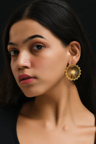 London Eye Large Earrings – Gold – Circular design inspired by the London Eye – a modern symbol of London’s skyline, architectural jewellery on Model