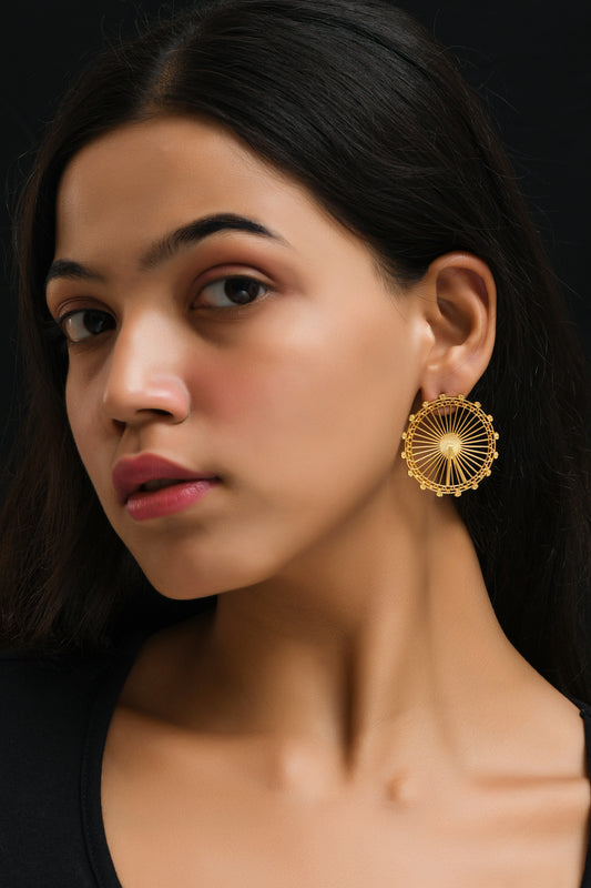 London Eye Large Earrings – Gold – Circular design inspired by the London Eye – a modern symbol of London’s skyline, architectural jewellery on Model