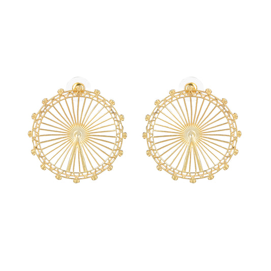 London Eye Large Earrings – Gold – Circular design inspired by the London Eye – a modern symbol of London’s skyline, architectural jewellery on black background
