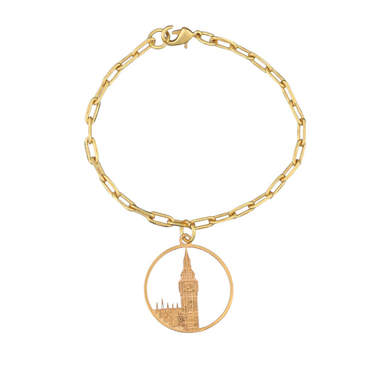 Big Ben Medium Bracelet – Gold – Pendant or earrings inspired by London’s iconic Big Ben tower – elegant architectural design on white background