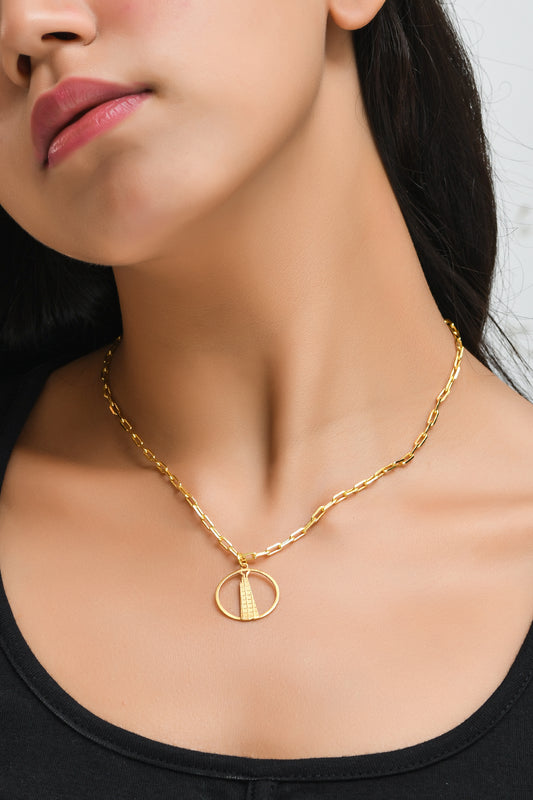 Shard Medium Necklace – Gold – Sleek silver or gold design inspired by The Shard – London’s tallest skyscraper, contemporary jewellery on Model neck