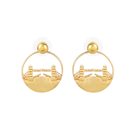 Tower Bridge Medium Earrings – Gold – Intricate detailing inspired by London’s Tower Bridge – heritage architecture in wearable form on white background
