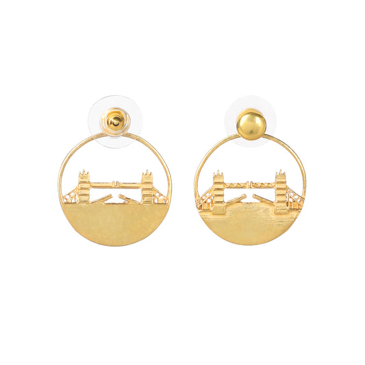 Tower Bridge Medium Earrings – Gold – Intricate detailing inspired by London’s Tower Bridge – heritage architecture in wearable form on white background