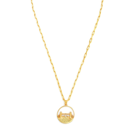 Tower Bridge Medium Necklace – Gold – Intricate detailing inspired by London’s Tower Bridge – heritage architecture in wearable form on white background