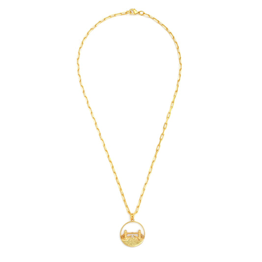 Tower Bridge Medium Necklace – Gold – Intricate detailing inspired by London’s Tower Bridge – heritage architecture in wearable form on white background