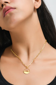 Tower Bridge Medium Necklace – Gold – Intricate detailing inspired by London’s Tower Bridge – heritage architecture in wearable form on model neck zoom out