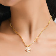 Tree Of Life Pendant Necklace Small - Gold – elegant pendant necklace with spiritual meaning by Jéy Jewels by Divya on model neck zoomed in