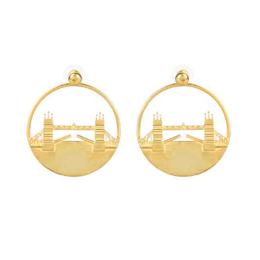 Tower Bridge Large Earrings – Gold – Intricate detailing inspired by London’s Tower Bridge – heritage architecture in wearable form on white background