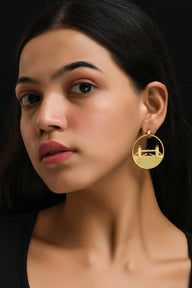 Tower Bridge Large Earrings – Gold – Intricate detailing inspired by London’s Tower Bridge – heritage architecture in wearable form on model ear zoom out