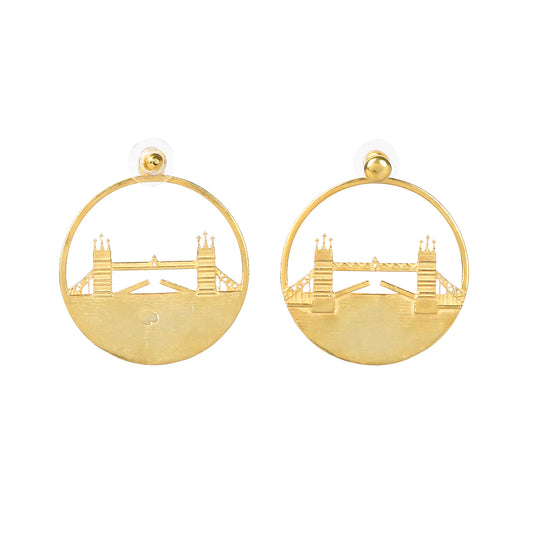 Tower Bridge Large Earrings – Gold – Intricate detailing inspired by London’s Tower Bridge – heritage architecture in wearable form on white background