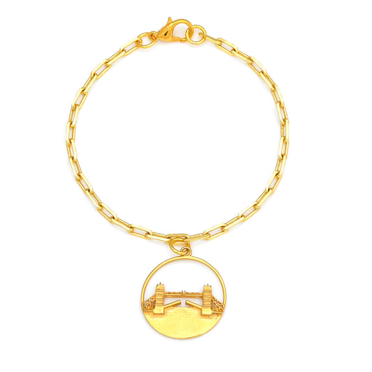 Tower Bridge Medium Necklace – Gold – Intricate detailing inspired by London’s Tower Bridge – heritage architecture in wearable form on white background