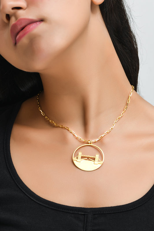 Tower Bridge Large Necklace – Gold – Intricate detailing inspired by London’s Tower Bridge – heritage architecture in wearable form on model neck
