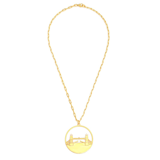 Tower Bridge Large Necklace – Gold – Intricate detailing inspired by London’s Tower Bridge – heritage architecture in wearable form on white background