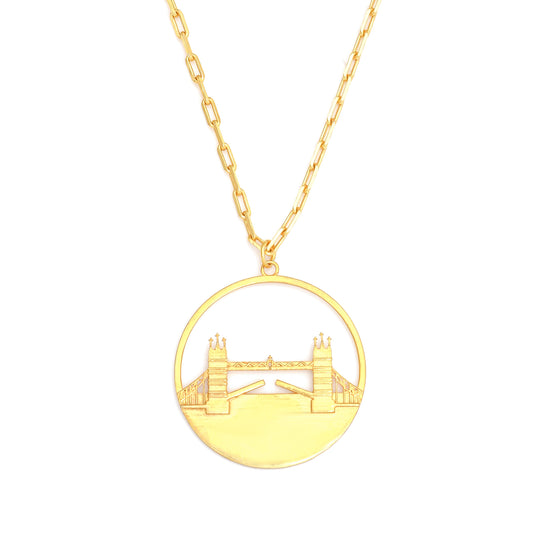 Tower Bridge Large Necklace – Gold – Intricate detailing inspired by London’s Tower Bridge – heritage architecture in wearable form on white background