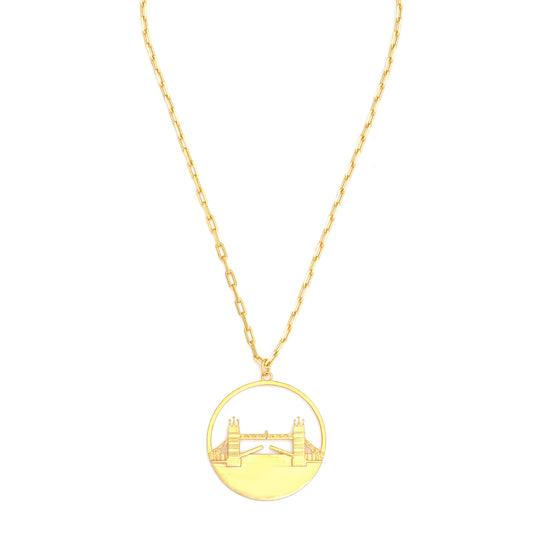Tower Bridge Large Necklace – Gold – Intricate detailing inspired by London’s Tower Bridge – heritage architecture in wearable form on white background