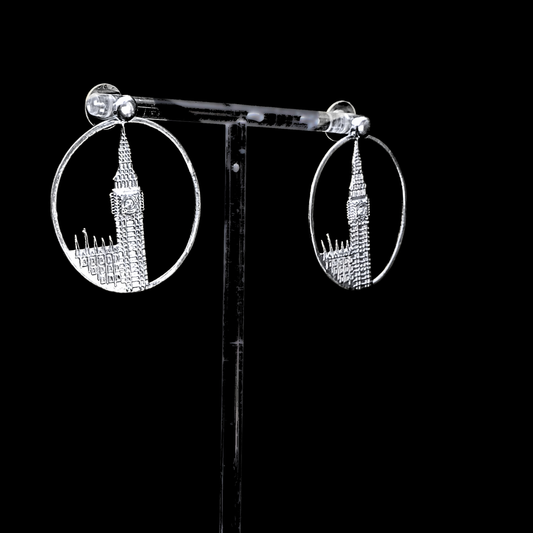 Big Ben Large Earrings – Silver – Pendant or earrings inspired by London’s iconic Big Ben tower – elegant architectural design on dark background