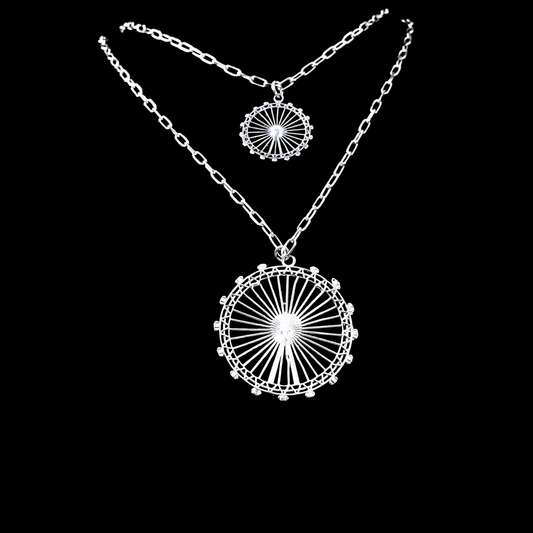 London Eye Large Necklace – Silver – Circular design inspired by the London Eye – a modern symbol of London’s skyline, architectural jewellery on black background