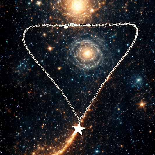 Star-shaped pendant necklace against a cosmic background by Jéy Jewels by Divya full necklace view