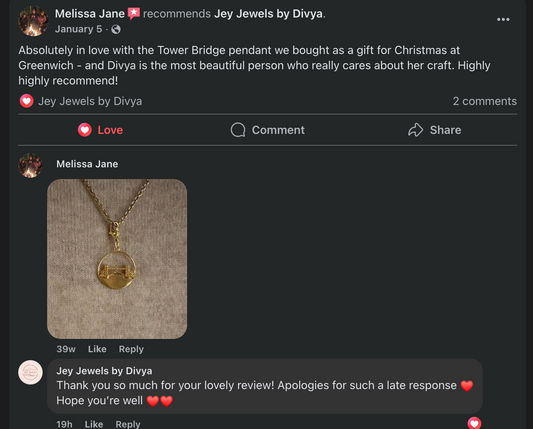 Product review of a gold plated Tower Bridge pendant necklace with a response from Jey Jewels by Divya.