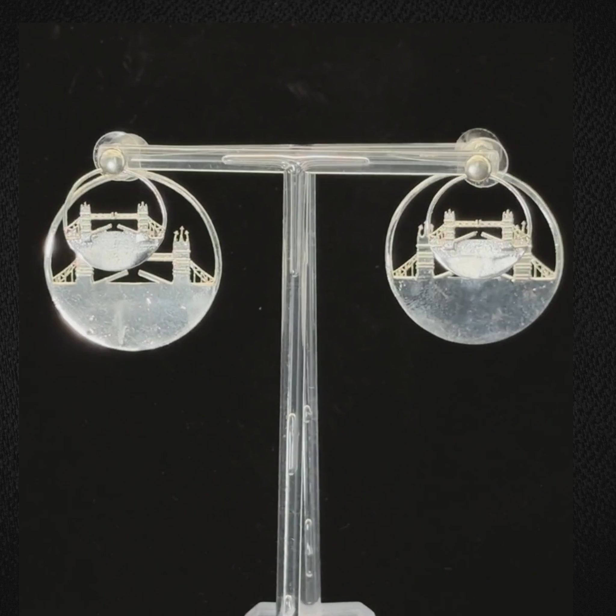 Tower Bridge Large Earrings – Silver – Intricate detailing inspired by London’s Tower Bridge – heritage architecture in wearable form on dark background
