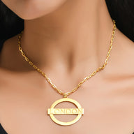 London Large Necklace – Gold – A tribute to London’s essence – elegant handcrafted jewellery inspired by its iconic cityscape, styled on a model neck zoom in