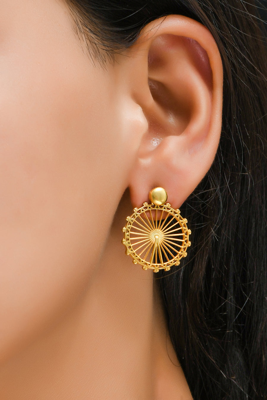 London Eye Medium Earrings – Gold – Circular design inspired by the London Eye – a modern symbol of London’s skyline, architectural jewellery on model ear close up