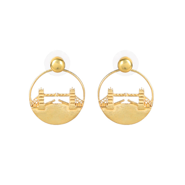 Tower Bridge Medium Earrings – Gold – Intricate detailing inspired by London’s Tower Bridge – heritage architecture in wearable form on white background