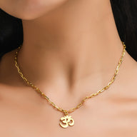 OM Pendant Necklace Small – Gold – elegant pendant necklace with spiritual meaning by Jéy Jewels by Divya on model neck