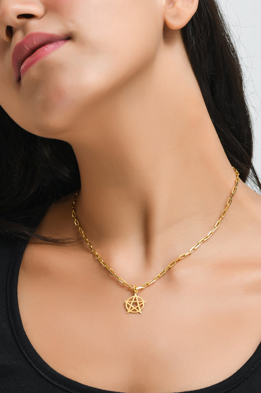 Pentacle Pendant Necklace Small - Gold – elegant pendant necklace with spiritual meaning by Jéy Jewels by Divya on model neck