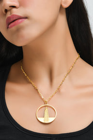 Shard Large Necklace – Gold – Sleek silver or gold design inspired by The Shard – London’s tallest skyscraper, contemporary jewellery on model neck zoom in