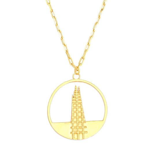 Shard Large Necklace – Gold – Sleek silver or gold design inspired by The Shard – London’s tallest skyscraper, contemporary jewellery on white background zoom in